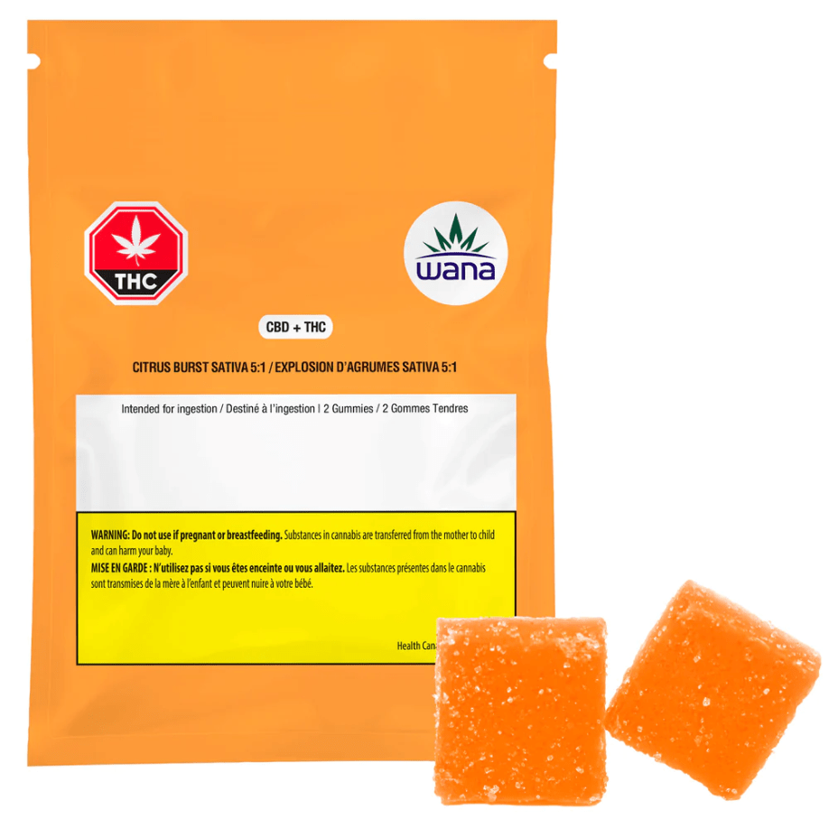 Wana Brands Edibles Wana Citrus Burst Sour Sativa Gummies 5:1 CBD/THC-Morden Vape & Cannabis MB, Canada