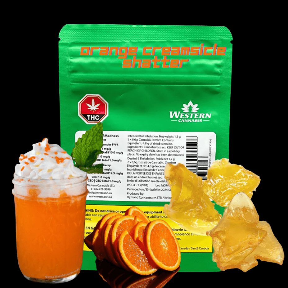 Western Cannabis Orange Creamsicle Hybrid Shatter-1.2g Morden Vape SuperStore and Cannabis Manitoba Canada