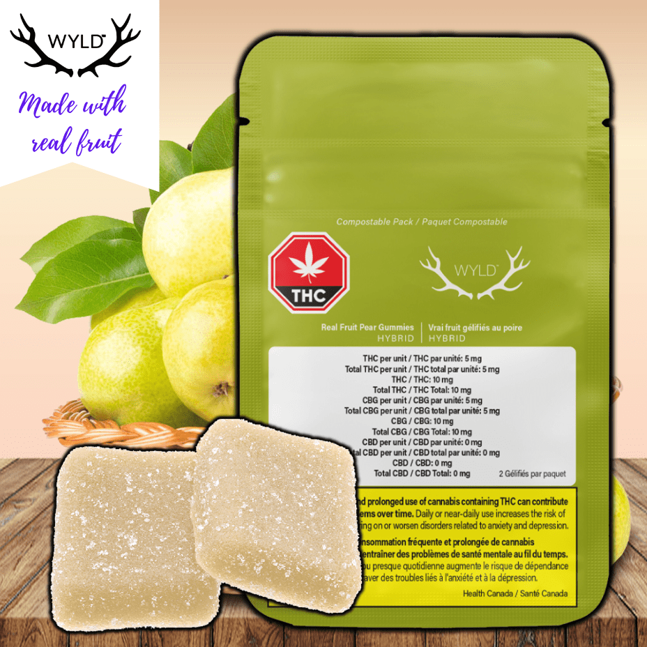 WYLD Pear 1:1 CBG-THC Gummies-2/pkg 2x5mg Morden Vape SuperStore and Cannabis Manitoba Canada