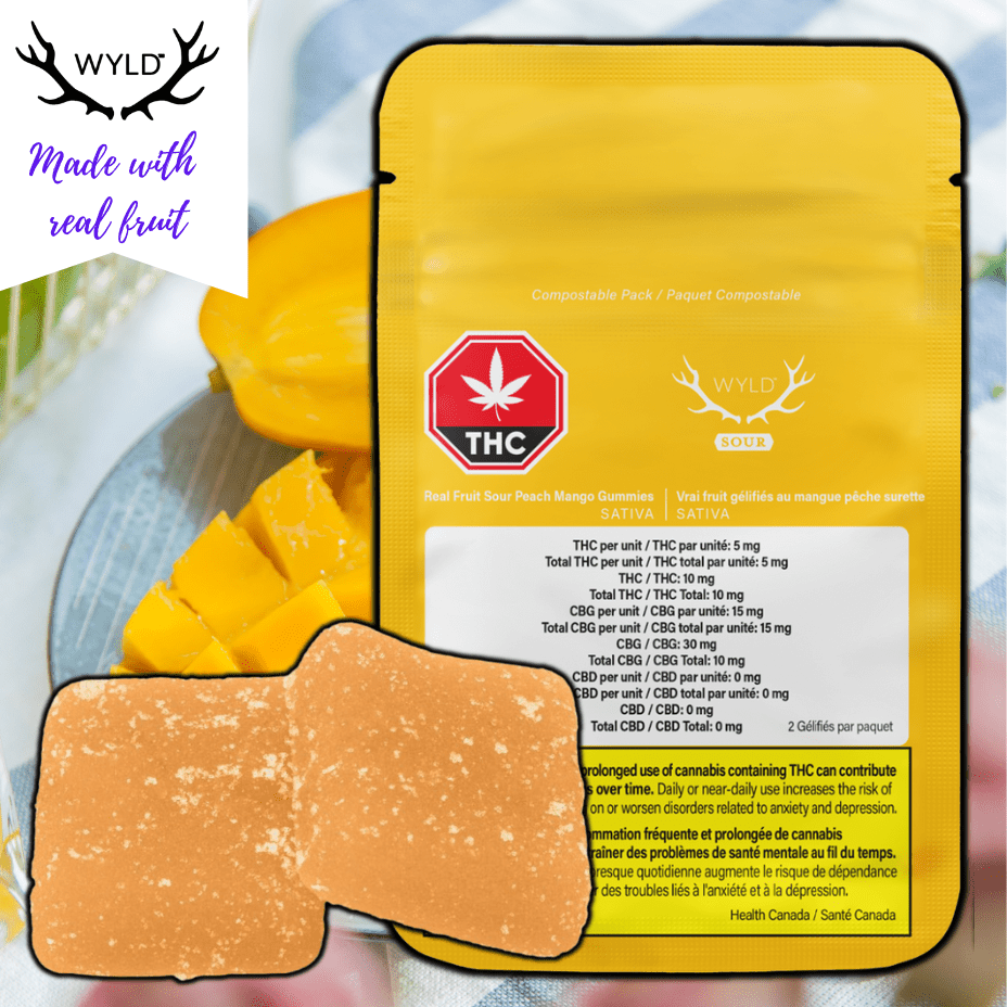 Wyld Real Fruit Sour Peach Mango 3:1 THC:CBG Gummies-2/pkg 2x5mg Morden Vape SuperStore and Cannabis Manitoba Canada
