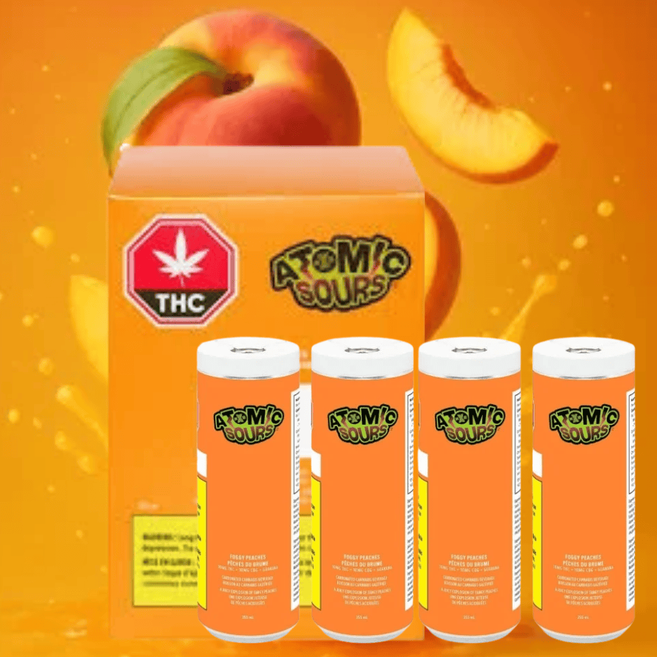 XMG Atomic Sours - Foggy Peaches 1:1 THC:CBG Beverage-4pkg Morden Vape SuperStore and Cannabis Manitoba Canada